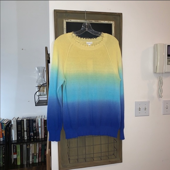 Minnie Rose Women's Blue Distressed Ombré Sweater - Picture 4 of 8